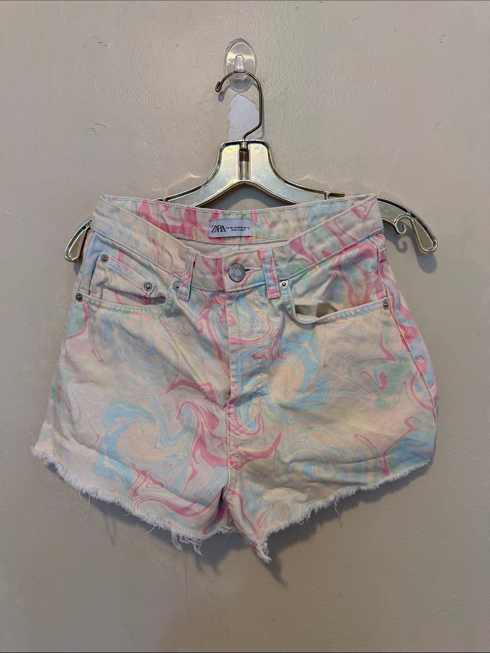 Zara Pastel Marble-Print Denim Shorts - Pink, Blue, Mint